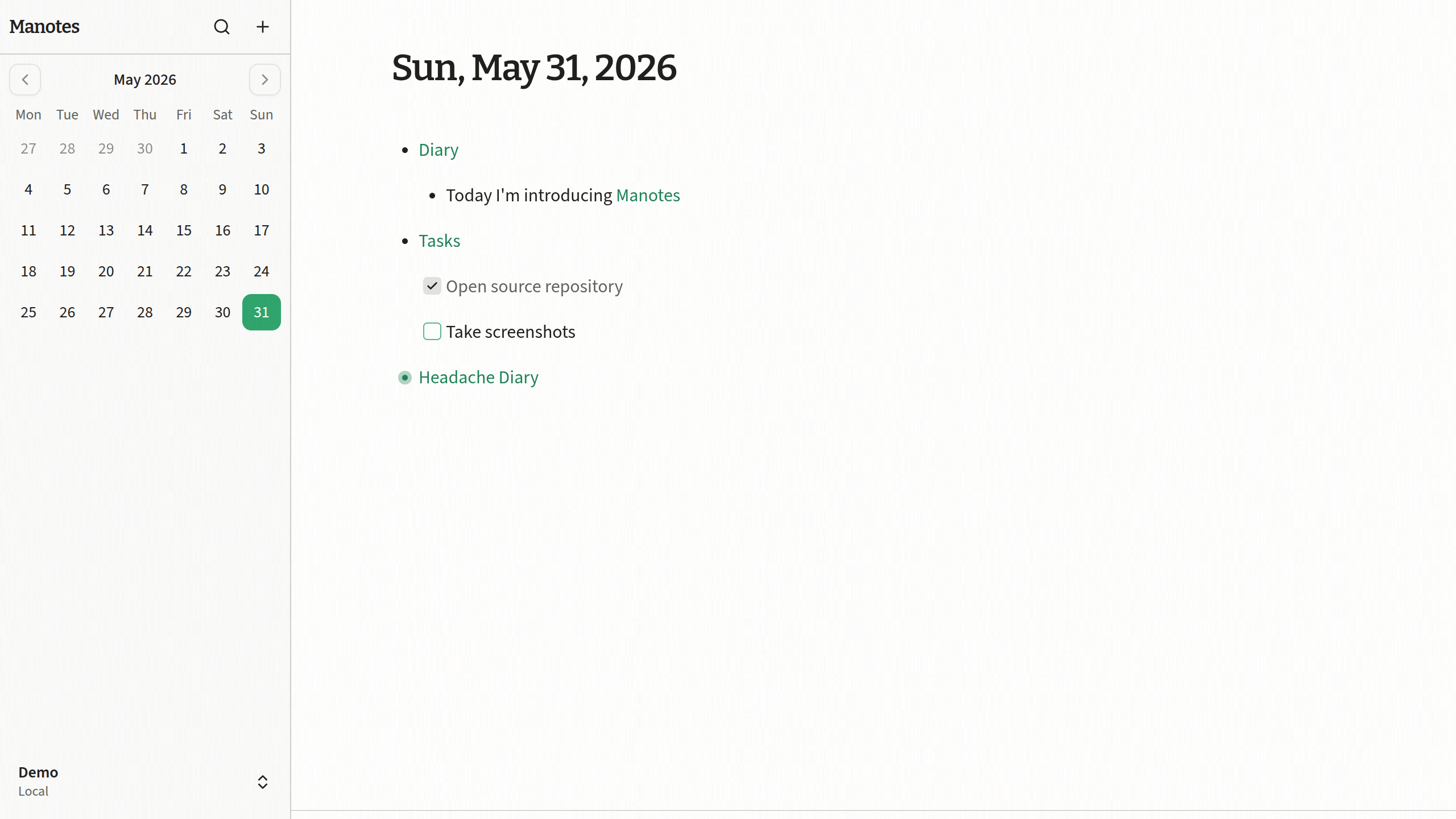 Manotes daily note showing the app tagline and a minimal note-taking interface