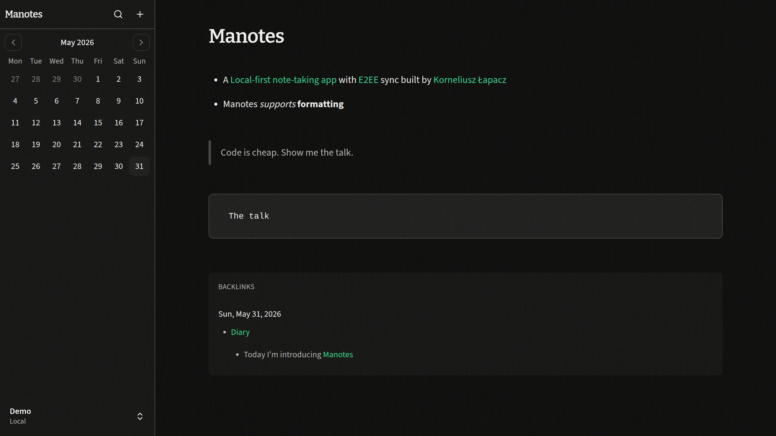 Manotes dark mode note view showing formatting, backlinks, and collapsed daily-note content